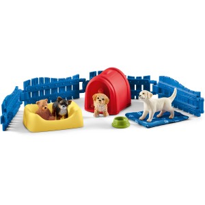 Schleich Farm World Welpenstube Spielset mit Maltipoo, Chihuahua, Labrador, Hundehütte, Zubehör.