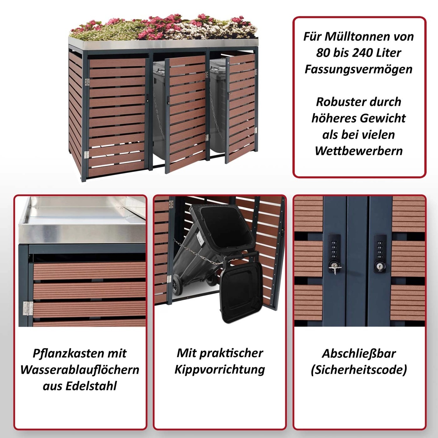 MCW Mülltonnenbox K14 Anthrazit für 3 Tonnen mit Pflanzkasten und Kippvorrichtung.