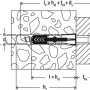 Schemazeichnung Fischer DuoPower Dübel 8x65 mm mit Schraube in Wand, Bemaßung für Bohrloch und Dübellänge.