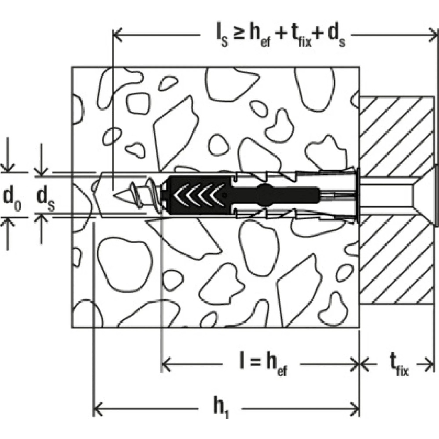 Schemazeichnung Fischer DuoPower Dübel 8x65 mm mit Schraube in Wand, Bemaßung für Bohrloch und Dübellänge.