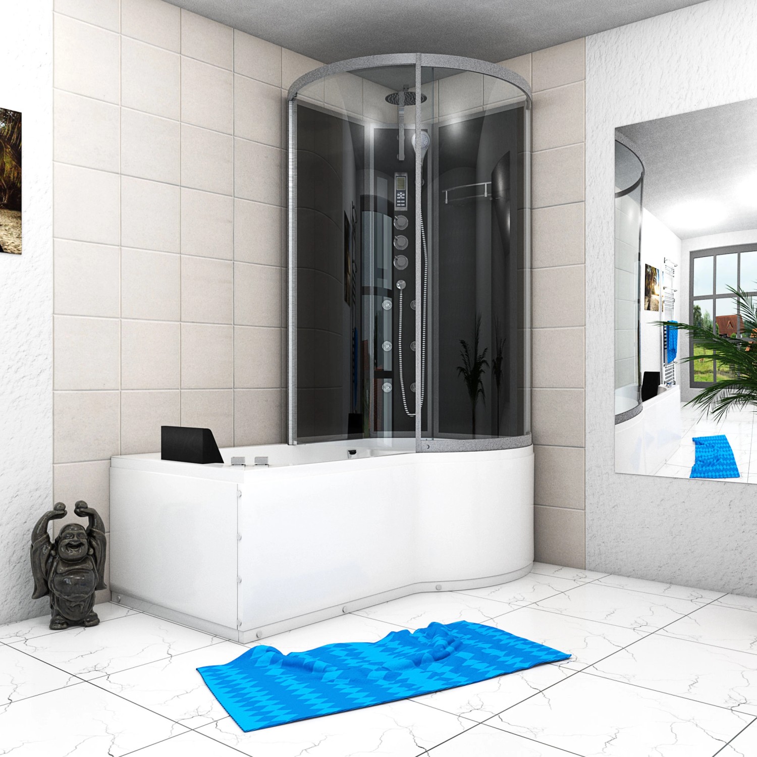 AcquaVapore Whirlpool-Duschkombination K50-L33-WP, 170x100 cm, mit schwarzer Duschkabine und weißer Badewanne.