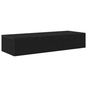 Schwarzes Wandregal aus Holzwerkstoff mit zwei Schubladen. Modernes schwebendes Regal für Stauraum.