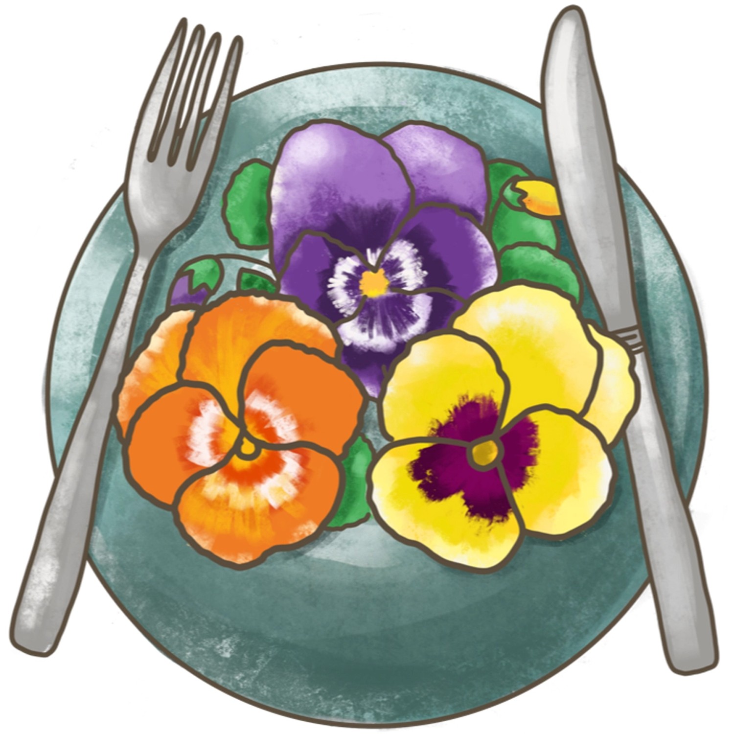 Illustration: Teller mit essbaren Blu Bio-Stiefmütterchen Blüten, Gabel und Messer.