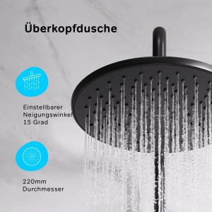 AM.PM Gem Regendusche, schwarzes Duschsystem ohne Armatur mit Wasserstrahl.