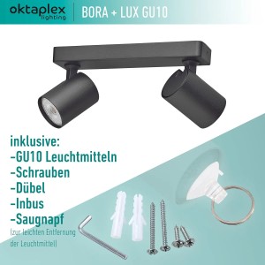 Schwarze Oktaplex Bora 2-flammige Deckenleuchte mit GU10 Leuchtmitteln, dimmbar und schwenkbar.