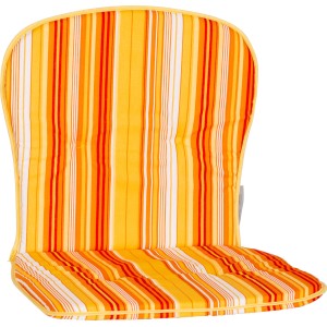 Beo Niedriglehner Auflage Mono Palma für Gartenstuhl, gestreift in Gelb-, Orange- und Rottönen.