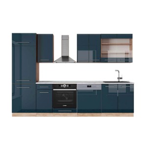 Moderne Küchenzeile in Dunkelblau Hochglanz/Goldkraft Eiche mit Marmor Arbeitsplatte, 300 cm breit.