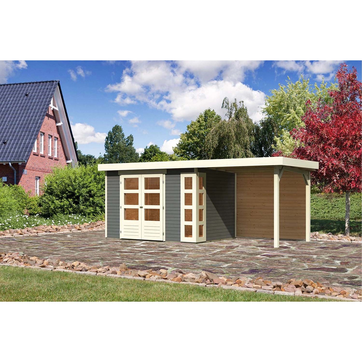 Karibu Holz-Gartenhaus Sölve Terragrau Flachdach Lackiert 298 cm x 213 cm günstig online kaufen