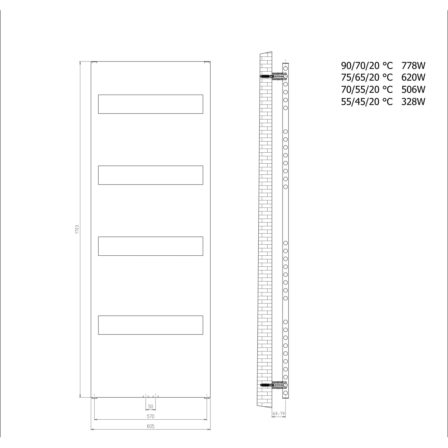 Technische Zeichnung: Schulte Design-Heizkörper Turin, alpinweiß, Maße und Leistungsangaben.