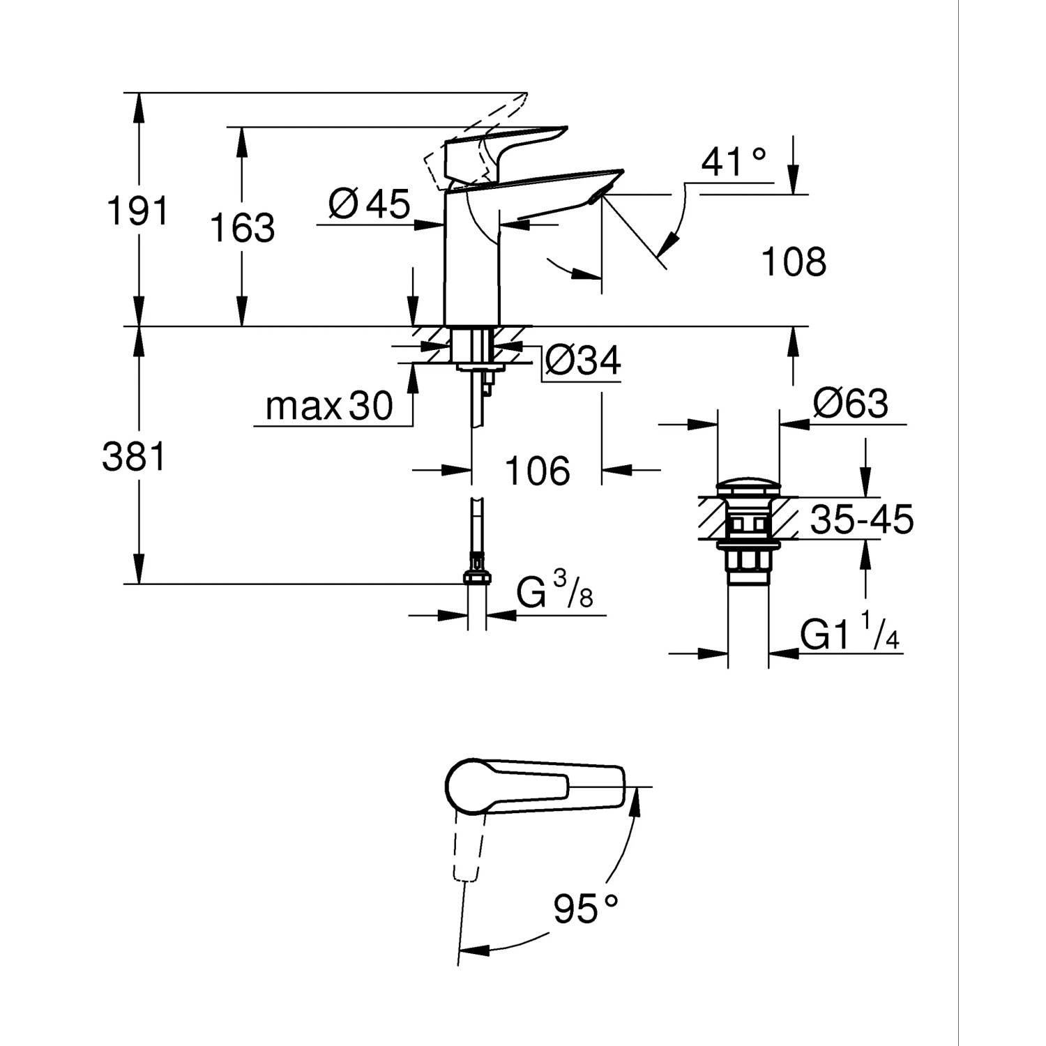 Technische Zeichnung: Grohe QuickFix Start Alira Waschtischarmatur M-Size, Chrom, Maße und Details.