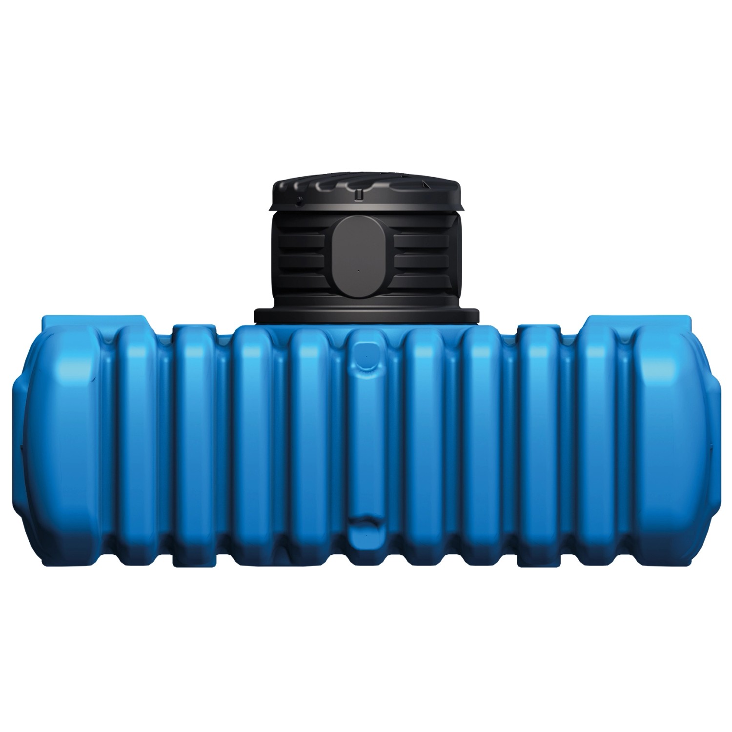 4rain Flachtank Flat S 3.000 l mit Schachtverlängerung, blauer Erdtank mit schwarzem Deckel.