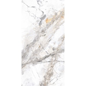 Feinsteinzeug Bodenfliese Marble Riva Gold in Weiß-Grau, Marmor-Optik, glasiert und poliert, 60x120 cm.