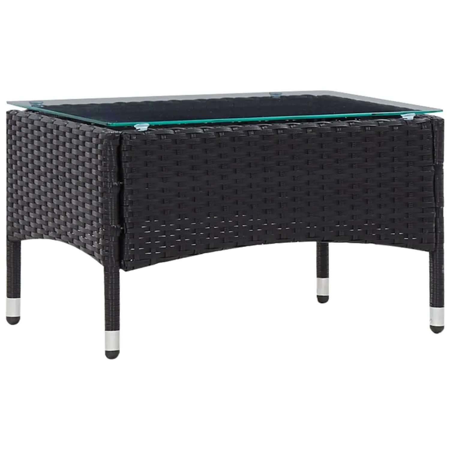 Schwarzer vidaXL Couchtisch aus Rattan mit Glasplatte, Teil des Garten-Lounge-Sets.