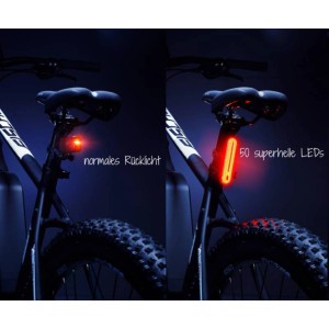 Fischer LED-Akku-Rücklicht 50 Lux am Fahrrad, Vergleich normale vs. helle Dioden für bessere Sichtbarkeit.