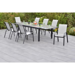 Merxx Amalfi Gartenmöbel-Set mit Ausziehtisch und 8 Stapelsesseln in Graphit/Diamantbraun.