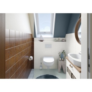 Badezimmer mit Alpina Wandfarbe Bad & Küche Tiefsee an der Decke und weißen Wandfliesen.