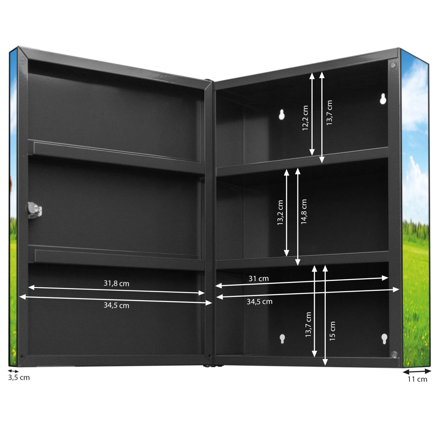 Offener, abschließbarer Banjado XXL Medizinschrank aus anthrazitfarbenem Metall mit Motiv, 35x46x15cm.