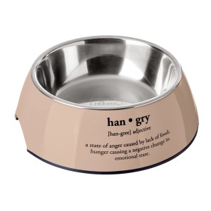 Beiger Hunter Hundenapf Luton, 350 ml, mit Edelstahleinsatz und "Hangry" Aufdruck.
