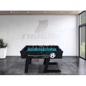 Schwarzer, faltbarer Cougar Tischkicker Scorpion Kick TS mit Fußball-Dekor.