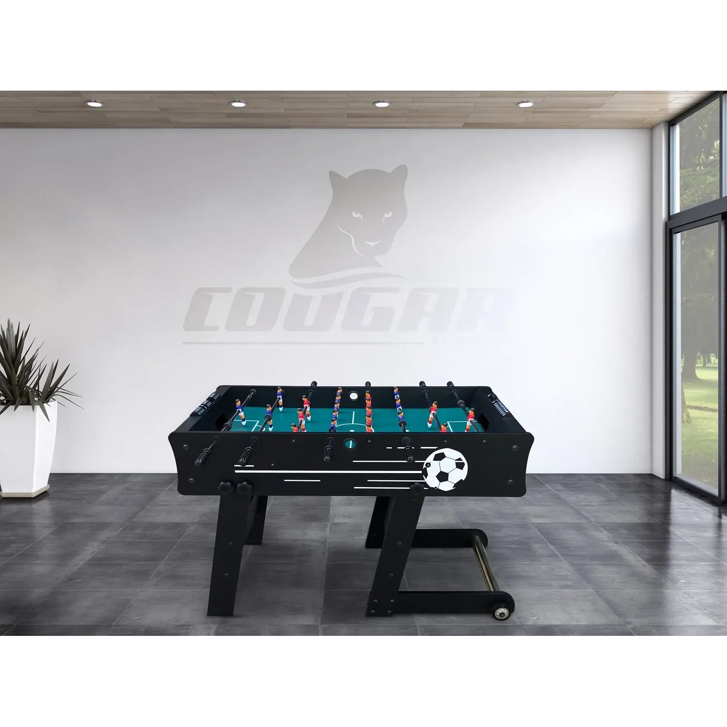 Schwarzer, faltbarer Cougar Tischkicker Scorpion Kick TS mit Fußball-Dekor.