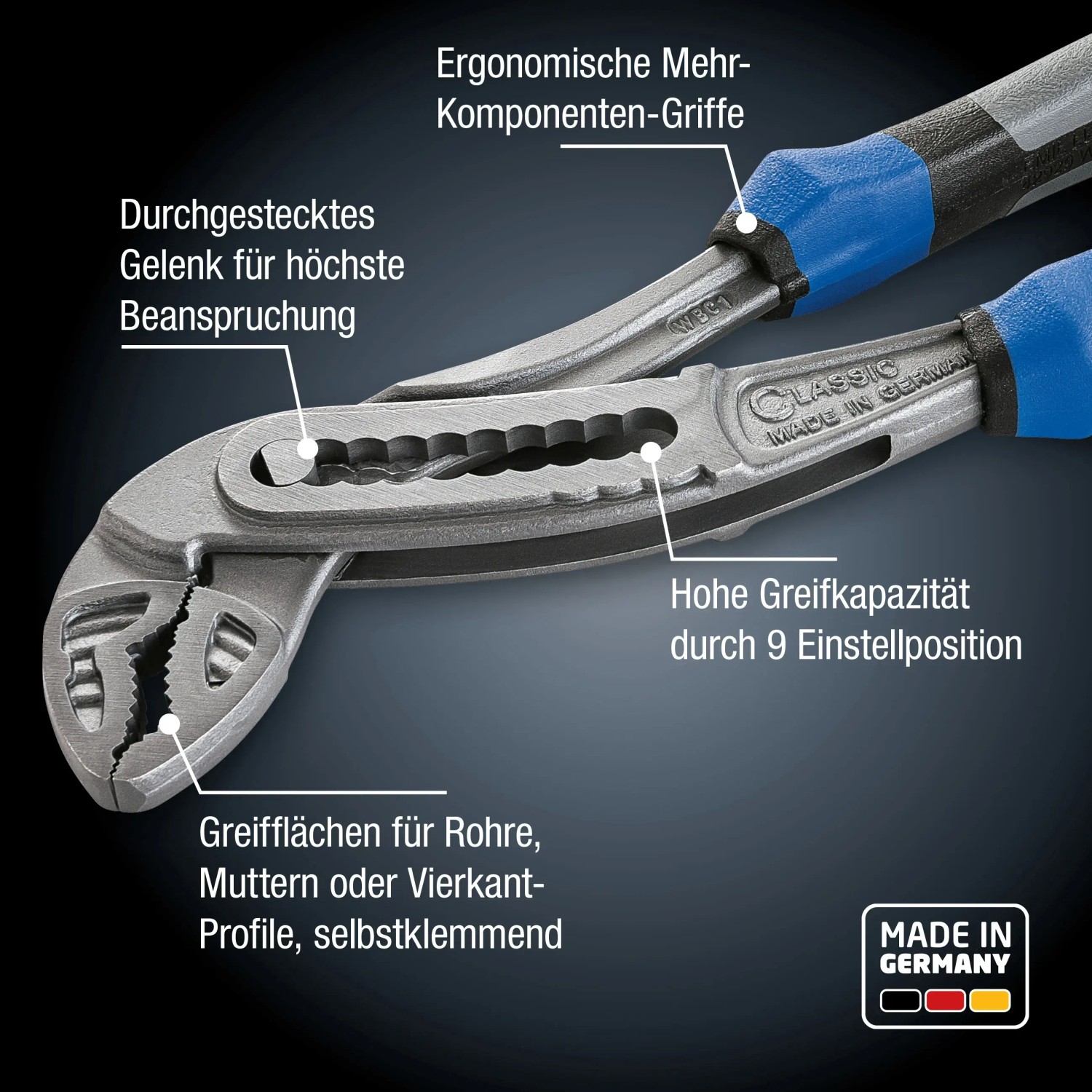 LUX Wasserpumpenzange Professional 240 mm, verstellbare Zange mit blau-schwarzem Griff.
