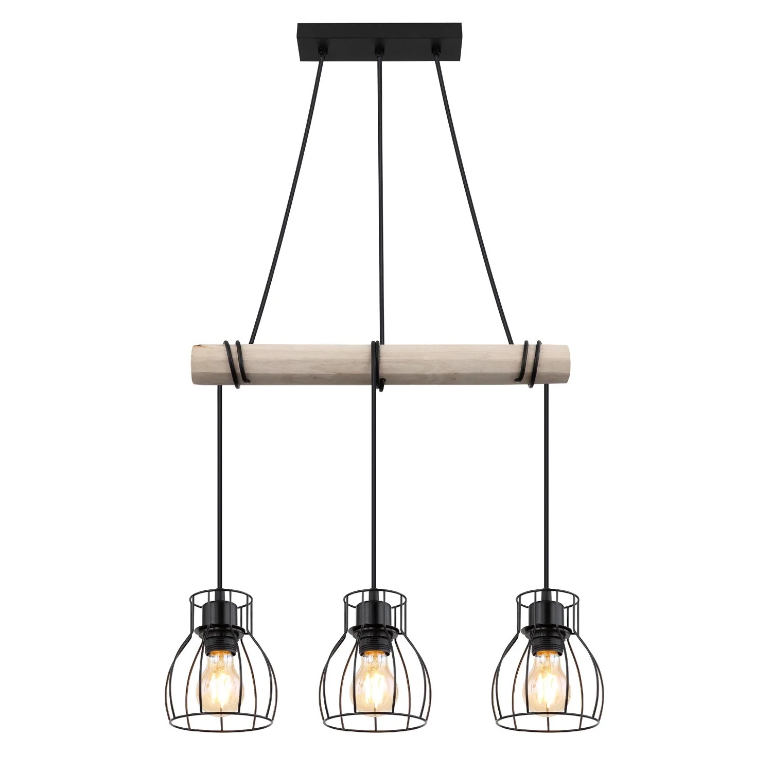 Globo Hängeleuchte Mina, 3-flammig, Holz/Schwarz, Pendelleuchte mit Holzstamm und schwarzen Metallschirmen.