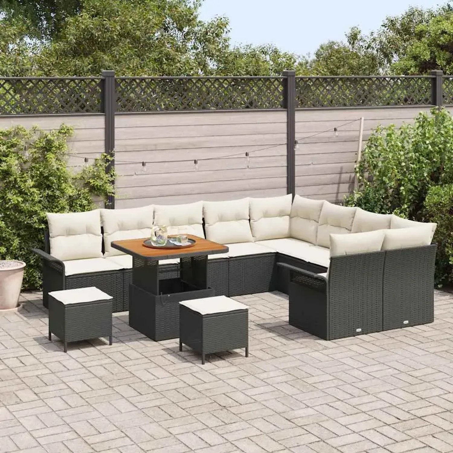 vidaXL Garten-Sofa-Set, 12-teilig, schwarz, Poly Rattan, Akazie, mit Tisch und Kissen.