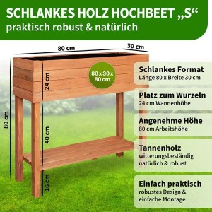 Braunes TTL GARDEN Hochbeet S aus Tannenholz, 80x30x80 cm, mit Ablagefach für Balkon und Terrasse.
