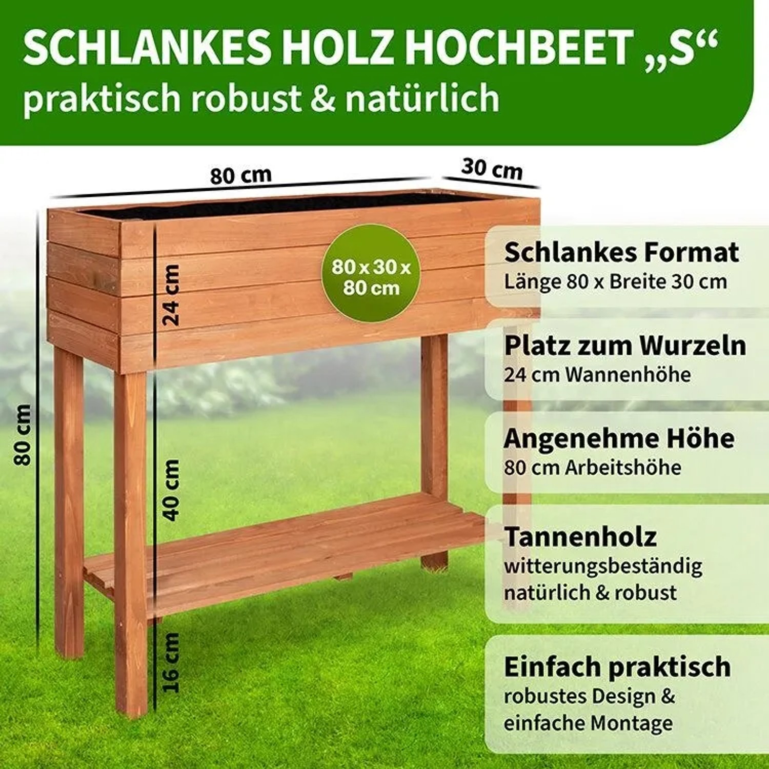 Braunes TTL GARDEN Hochbeet S aus Tannenholz, 80x30x80 cm, mit Ablagefach für Balkon und Terrasse.