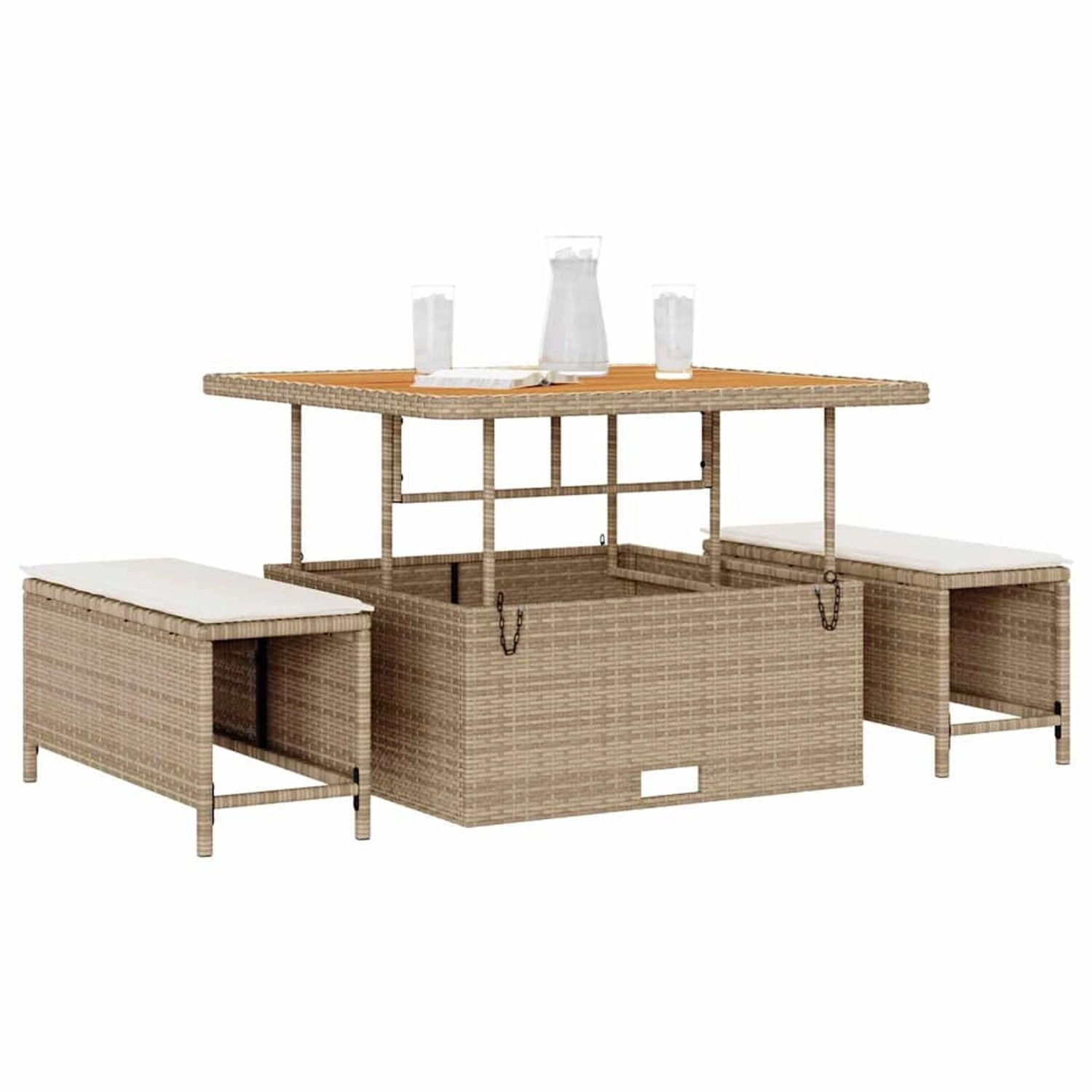 Beige 3-tlg. vidaXL Garten Essgruppe aus Poly Rattan mit Tisch und Hockern.