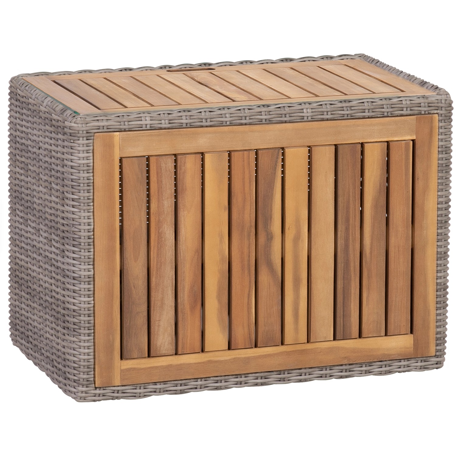 Tisch/Kissenbox des Greemotion Lounge-Set Olea Wood, Stahl/Holz, grau. Balkonmöbel Detail.