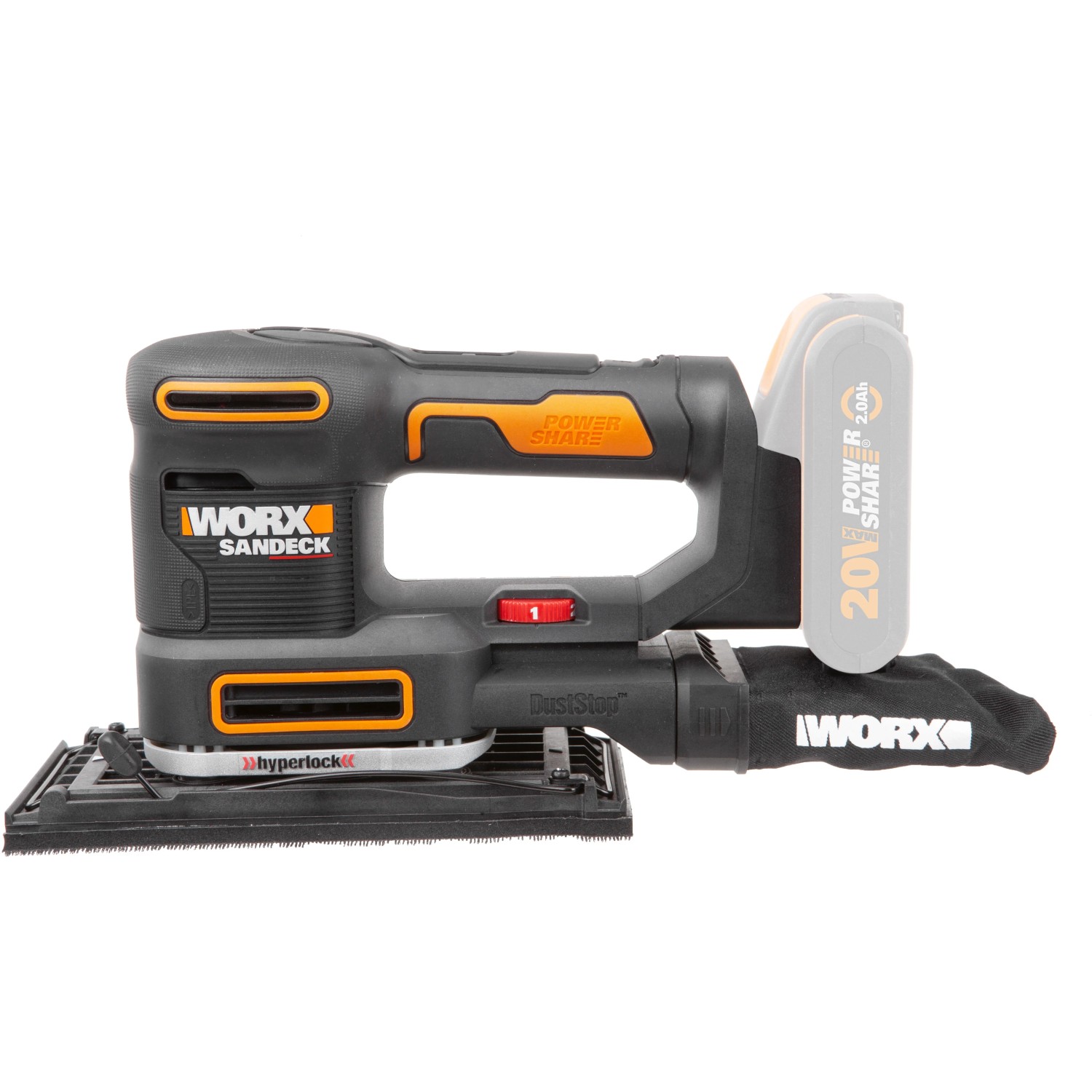 Worx 20V Akku-Multifunktionsschleifer WX820.9 Solo mit Staubbeutel und Akku.