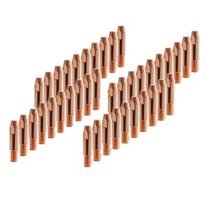 Mehrere kupferfarbene STAHLWERK Stromdüsen M6x28 0.9 mm für MIG MAG Schweißgeräte, präzises Zubehör.