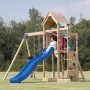 Axi Spielturm Moos mit Doppelschaukel, Rutsche blau, Kletterwand und Sandkasten aus Holz.