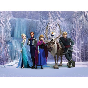 Disney Eiskönigin Fototapete (360x270cm) mit Elsa, Anna, Kristoff, Olaf und Sven vor Winterlandschaft.