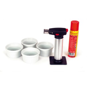 Rothenberger Crème Brulée-/Lötbrenner mit Gaskartusche und vier Schälchen.