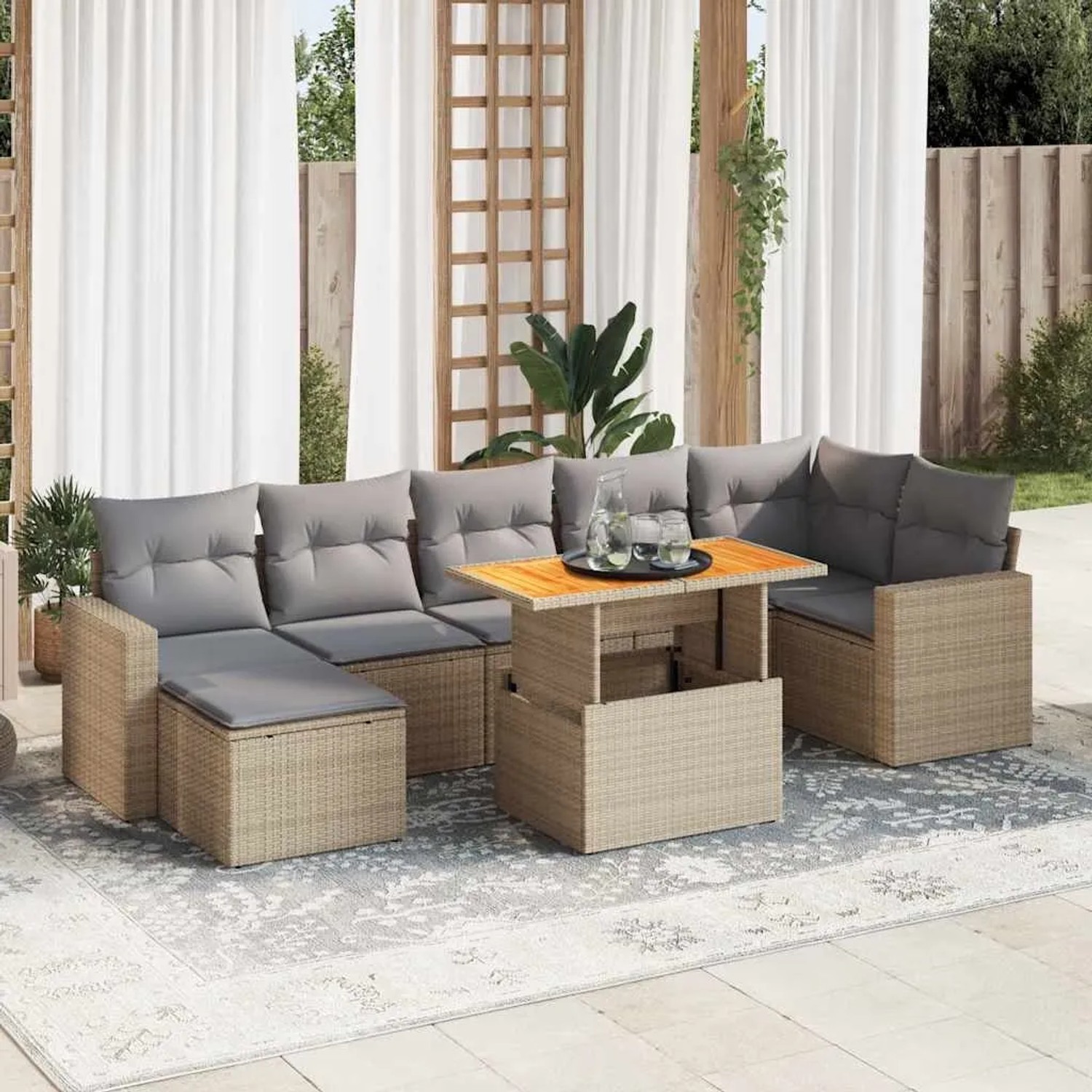 Beige 8-tlg. vidaXL Garten-Sofagarnitur aus Rattan mit Tisch und grauen Kissen.
