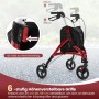 Roter faltbarer Rollator mit Detailansicht der 6-fach höhenverstellbaren Griffe (86-96cm) für Senioren.