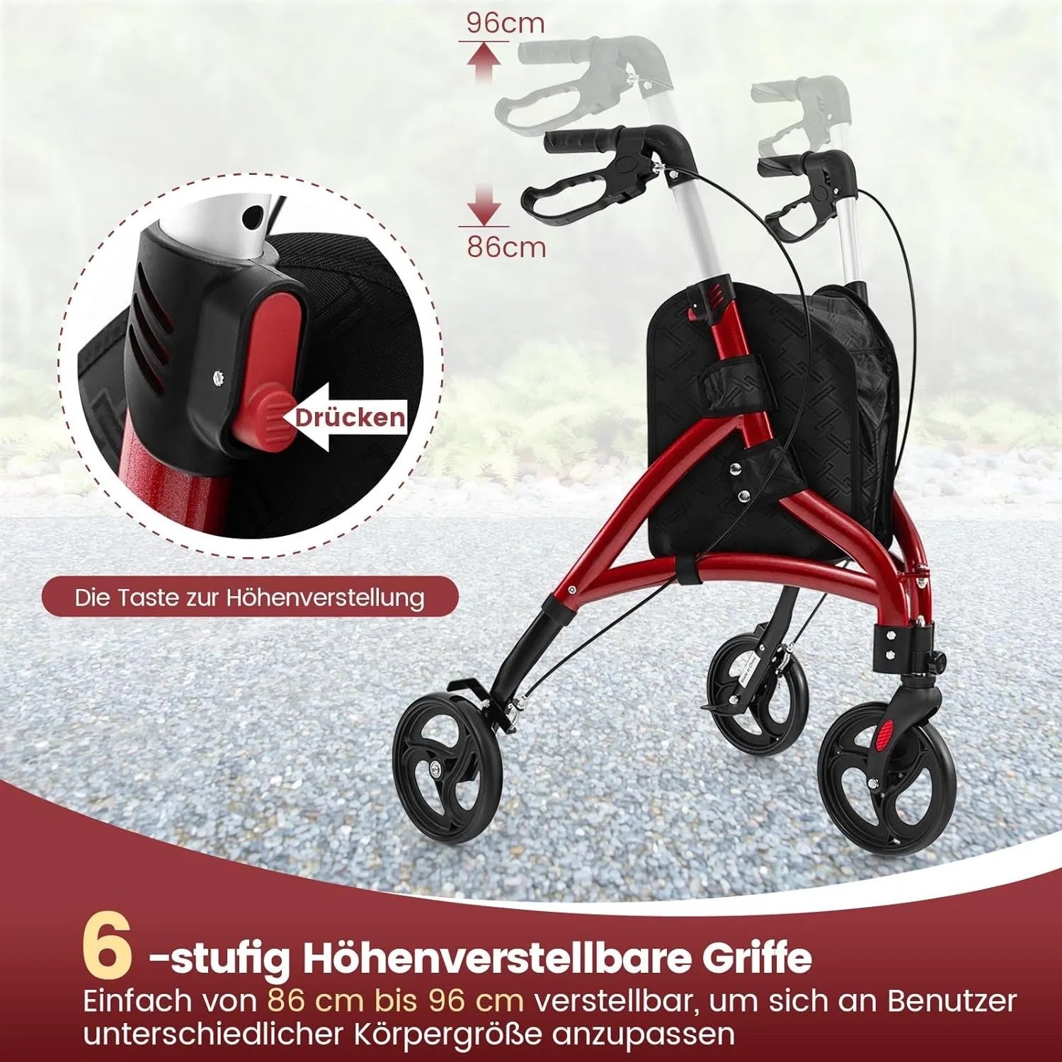 Roter faltbarer Rollator mit Detailansicht der 6-fach höhenverstellbaren Griffe (86-96cm) für Senioren.