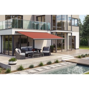 Anthrazitfarbene Wismar Kassettenmarkise mit bordeauxrotem Stoff und E-Motor auf einer Terrasse.
