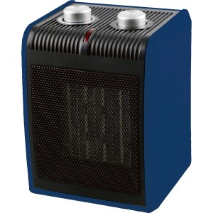 Blauer OBI Keramikheizer Lasbi mit zwei Drehreglern und schwarzem Gitter.