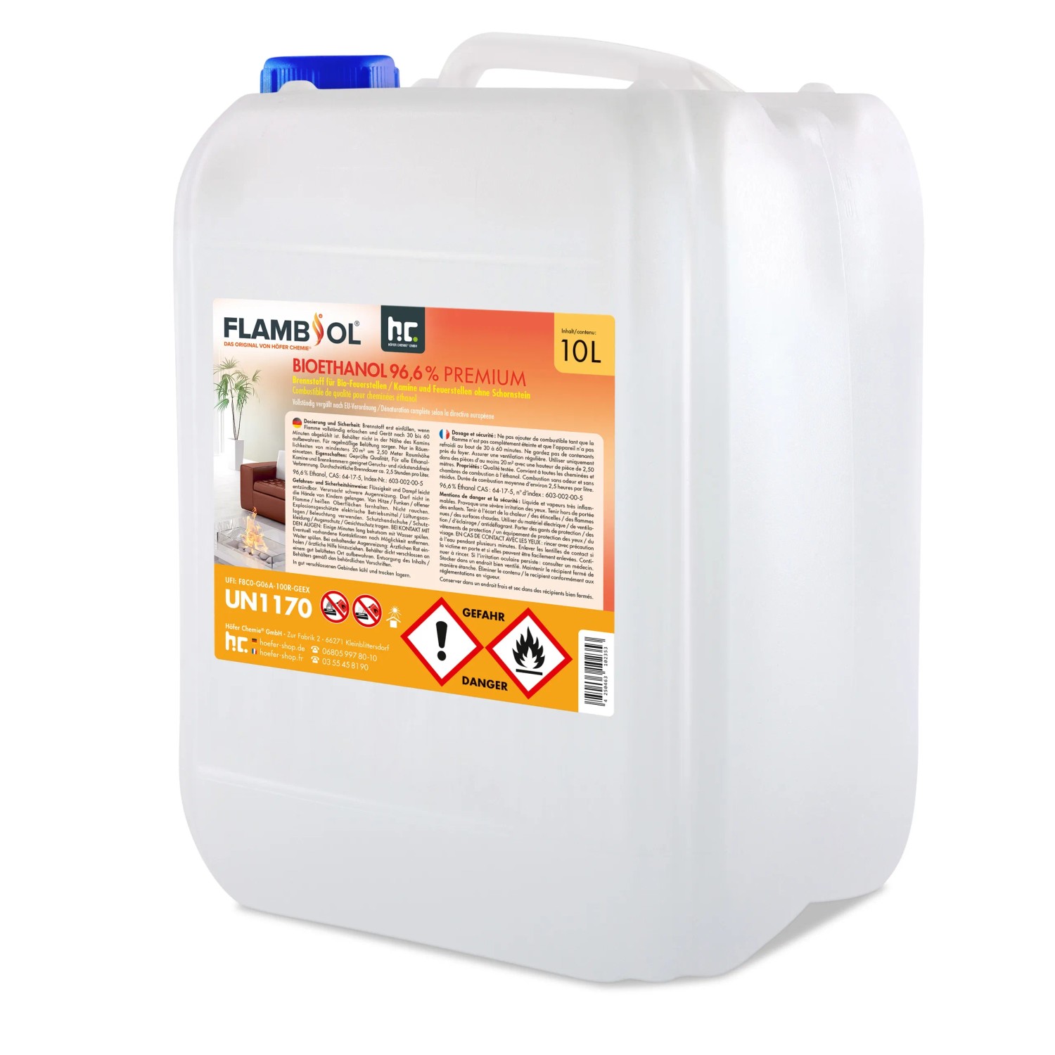 Kanister Flambiol Bioethanol 96,6% Premium, 6 x 10l für Ethanolkamin.