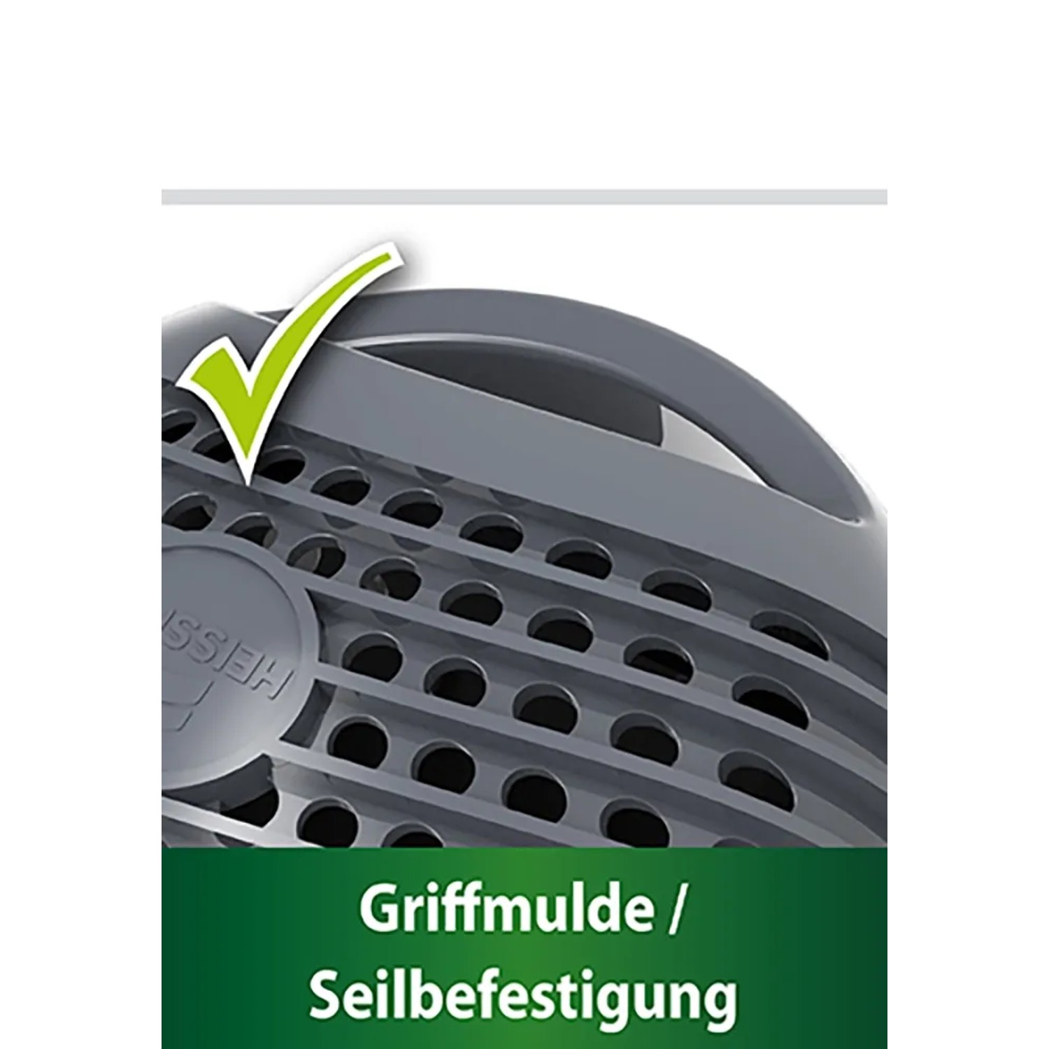 Detailaufnahme der Heissner Aqua Craft Eco Teichpumpe: Graues Gehäuse mit Griffmulde und Seilbefestigung.