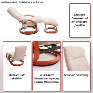 Cremefarbener MCW Massage-Fernsehsessel Pescatori II mit Hocker. 360° drehbar, neigbar, bequeme Polsterung.