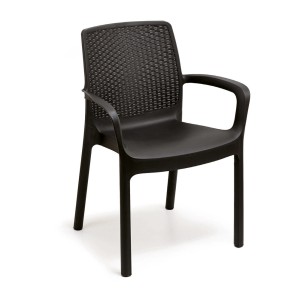 Anthrazitfarbener Progarden Stapelsessel Regina mit Geflechtoptik für den Garten.