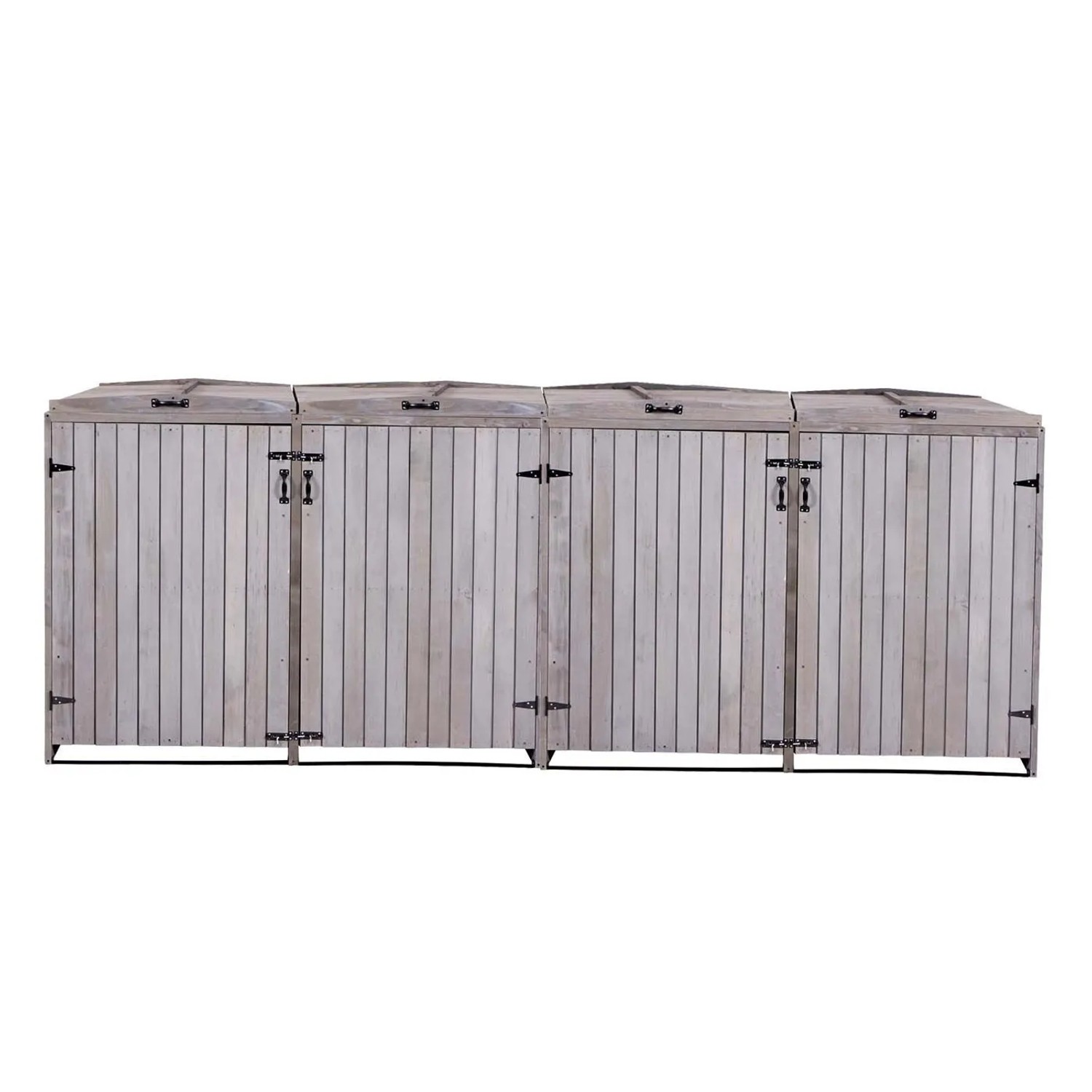 Vierteilige anthrazit-graue Mülltontenbox aus Tannenholz mit Deckeln und Riegelschlössern.