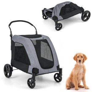 Grauer, klappbarer Costway Hundebuggy bis 60 kg mit Netzfenstern, daneben ein Golden Retriever Welpe. Auch zusammengeklappt.