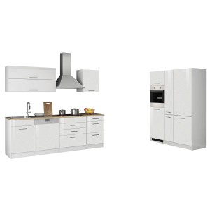 Moderne, weiße Hochglanz Küchenzeile Mailand 390 cm mit E-Geräten und Dunstabzugshaube.