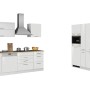 Moderne, weiße Hochglanz Küchenzeile Mailand 390 cm mit E-Geräten und Dunstabzugshaube.