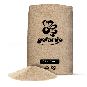 Galamio Quarzsand 0,4-1,2 mm im 25 kg Sack, Teil einer 1000 kg Palette Schüttgüter.